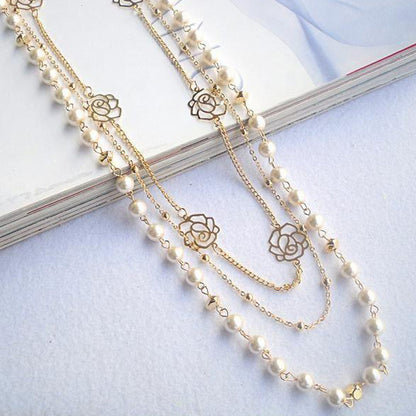 Layered Pearl Rose Flower Women's Clothes Accessories Necklace