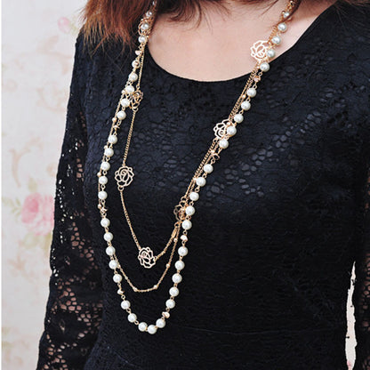 Layered Pearl Rose Flower Women's Clothes Accessories Necklace