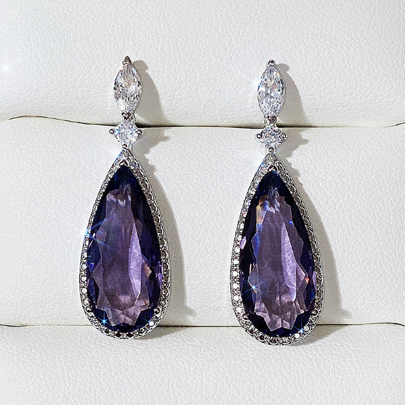 Micro-inlaid Purple Zircon Long Women Bridal Earrings