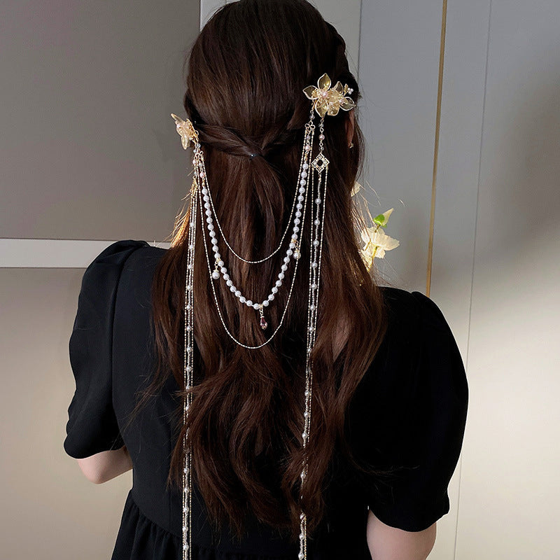 Pearl Studded Diamond Flower Long Tassel Hair Clip