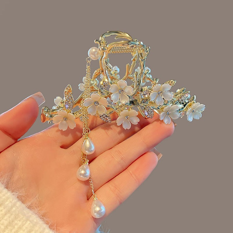 Large Metal Pearl Bell Orchid Tassel Hair Clip