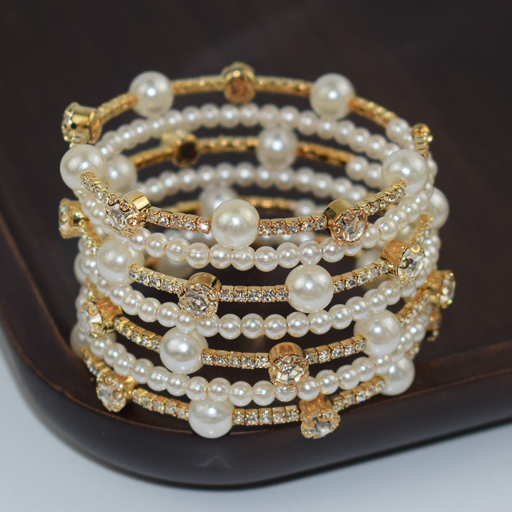 Simple Multi-layer Pearl Rhinestone Bracelet For Women