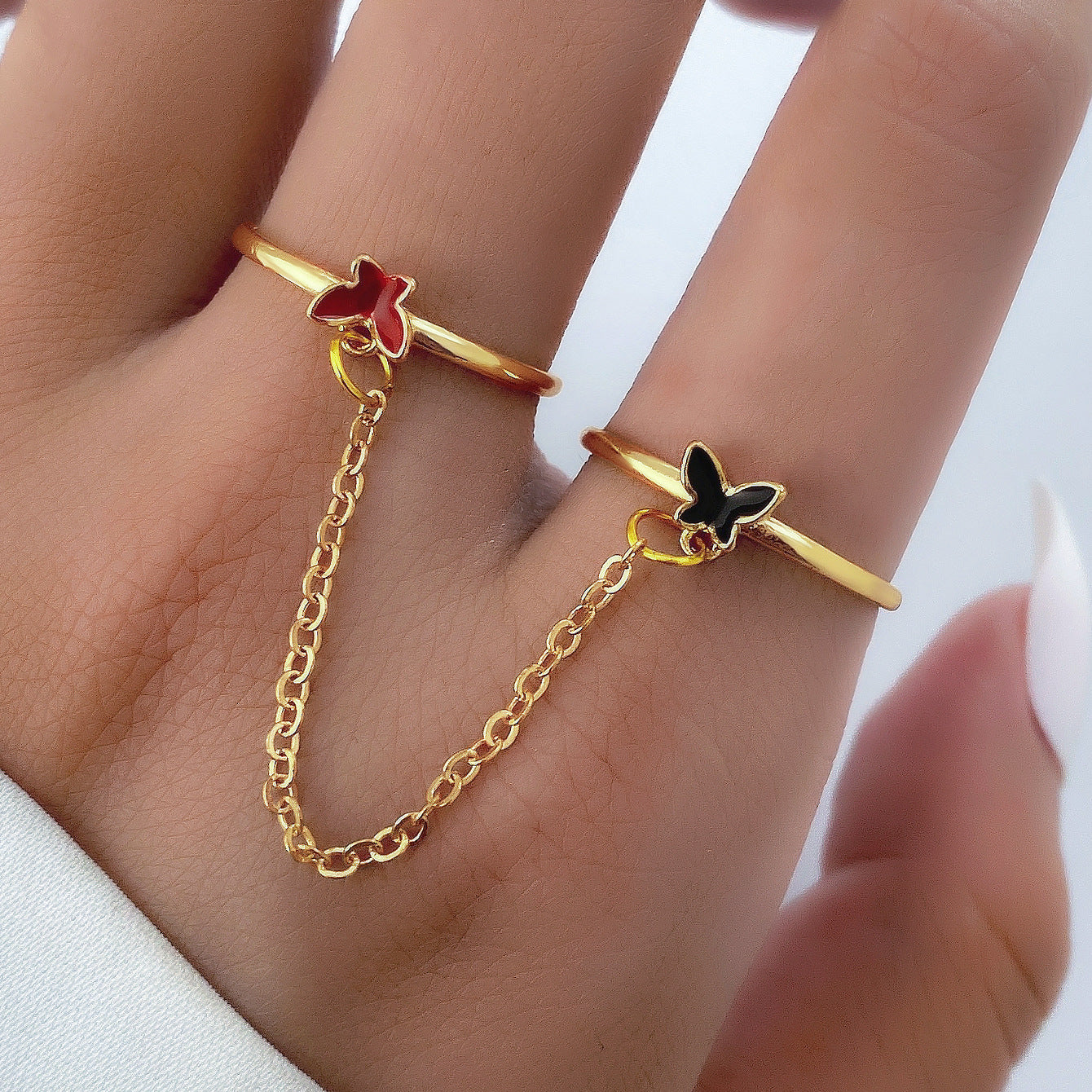 Chain Tassel Double Finger Ring Tide Dripping Butterfly