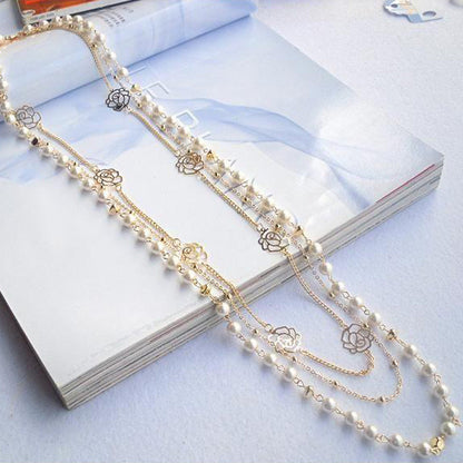 Layered Pearl Rose Flower Women's Clothes Accessories Necklace