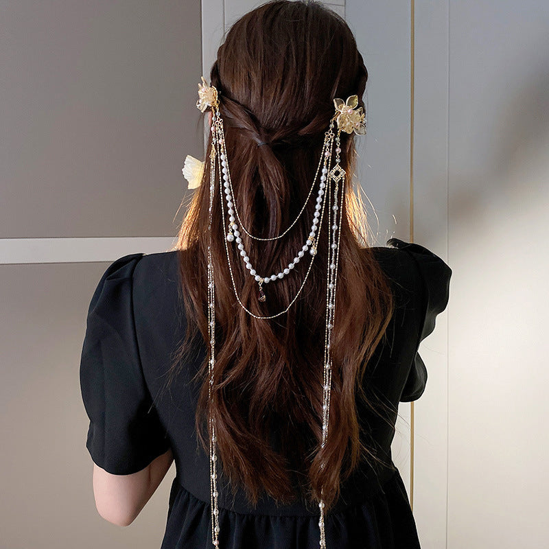 Pearl Studded Diamond Flower Long Tassel Hair Clip